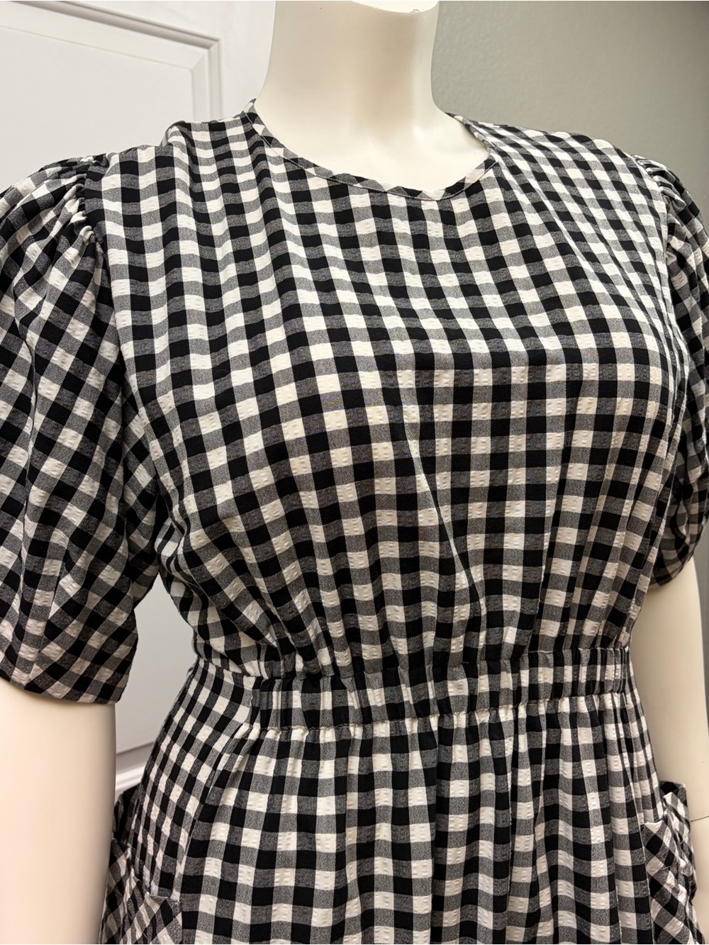 ALIGNE Harlin Black White Gingham Midi Dress Puff Sleeves Pockets UK 18 US 14 - Picture 2 of 12
